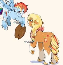 Size: 1951x2000 | Tagged: safe, artist:lunimo0x, applejack, rainbow dash, earth pony, pegasus, pony, g4, accessory theft, alternate design, applejack's hat, bandage, blushing, cowboy hat, duo, eyebrows, eyebrows visible through hair, female, flying, hat, lesbian, mare, neckerchief, ship:appledash, shipping, simple background, unshorn fetlocks, white background, wings