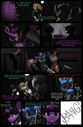 Size: 952x1457 | Tagged: safe, artist:alientsdev, twilight sparkle, oc, oc:silver star, alicorn, pegasus, pony, unicorn, comic:alien: twilight signing off, g4, alien (franchise), clothes, comic, dialogue, female, gun, handgun, headphones, horn, jacket, magic, male, mare, pistol, radio, rifle, space station, stallion, telekinesis, torch, twilight sparkle (alicorn), weapon