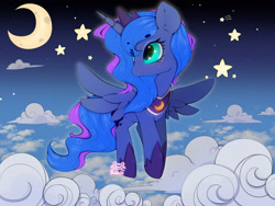 Size: 4000x3000 | Tagged: safe, artist:zokkili, princess luna, alicorn, pony, g4, cloud, crescent moon, crown, ear fluff, eyebrows, eyebrows visible through hair, female, hoof shoes, horn, jewelry, moon, outdoors, peytral, princess shoes, regalia, sky, solo, spread wings, starry eyes, stars, wingding eyes, wings