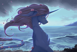 Size: 6000x4000 | Tagged: safe, artist:blackberry907, oc, oc only, pony, unicorn, chest fluff, commission, female, flower, flower in hair, horn, leonine tail, mare, ocean, outdoors, rain, solo, tail, water, ych result