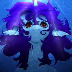 Size: 3000x3000 | Tagged: safe, artist:blackberry907, oc, oc only, pony, unicorn, bubble, chest fluff, commission, crepuscular rays, crying, flowing mane, horn, ocean, solo, sternocleidomastoid, sunlight, swimming, underwater, water, ych result