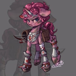 Size: 3000x3000 | Tagged: safe, artist:itsaaron, pinkie pie, earth pony, pony, g4, alternate universe, armor, arrow, bag, bandage, blood, bloodshot eyes, bow (weapon), bow and arrow, dagger, female, horn, infection au, mare, saddle bag, solo, spikes, weapon