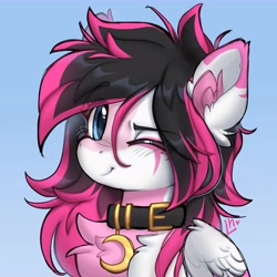 Size: 9000x9000 | Tagged: safe, artist:lunylin, oc, oc only, oc:lunylin, pegasus, pony, bust, chest fluff, coat markings, collar, colored belly, colored ear fluff, colored wings, crescent, cute, ear fluff, ear markings, eye markings, eyebrows, eyebrows visible through hair, facial markings, female, folded wings, gradient background, high res, looking at you, mare, one eye closed, pegasus oc, smiling, smiling at you, solo, stripe (coat marking), two toned mane, two toned wings, wings, wink, winking at you