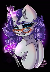 Size: 1640x2360 | Tagged: safe, artist:itsaaron, rarity, pony, unicorn, g4, black background, ear fluff, female, glasses, horn, magic, mare, scissors, simple background, solo, telekinesis