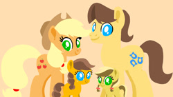 Size: 1280x720 | Tagged: safe, artist:mlplary6, applejack, caramel, oc, oc:apple honey, oc:apple sweet, earth pony, pony, g4, female, filly, foal, male, mare, offspring, parent:applejack, parent:caramel, parents:carajack, ship:carajack, shipping, stallion, straight