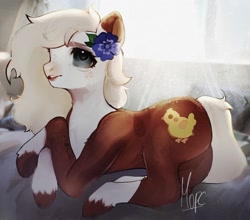 Size: 1842x1620 | Tagged: safe, artist:morrssu, oc, oc only, earth pony, pony, female, flower, flower in hair, lying down, mare, prone, solo, unshorn fetlocks