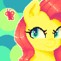 Size: 1000x1000 | Tagged: safe, artist:thepaintbrushpegasus, fluttershy, butterfly, pegasus, pony, g4, abstract background, bust, digital art, female, mare, pixel art, smiling, solo