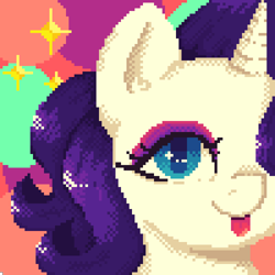 Size: 1000x1000 | Tagged: safe, artist:thepaintbrushpegasus, rarity, pony, unicorn, g4, abstract background, bust, digital art, female, horn, looking at you, mare, pixel art, smiling, smiling at you, solo, tongue out