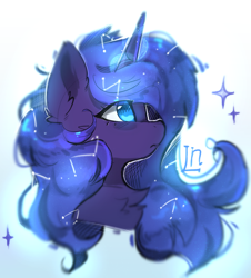 Size: 6793x7505 | Tagged: safe, artist:lunylin, princess luna, alicorn, pony, g4, bust, chest fluff, constellation hair, ear fluff, ethereal mane, eye clipping through hair, female, halation, high res, horn, mare, no pupils, portrait, profile, side view, solo, starry mane