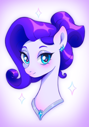 Size: 1748x2480 | Tagged: safe, artist:slemseva, rarity, earth pony, pony, bust, ear piercing, earring, earth pony rarity, female, jewelry, mare, piercing, portrait, race swap, slender, smiling, solo, thin