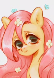 Size: 1668x2388 | Tagged: safe, artist:slemseva, fluttershy, butterfly, pegasus, pony, g4, cute, female, flower, flower in hair, mare, shyabetes, solo