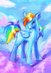 Size: 1748x2480 | Tagged: safe, artist:slemseva, rainbow dash, pegasus, pony, g4, cloud, female, mare, on a cloud, outdoors, solo