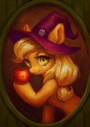 Size: 1448x2048 | Tagged: safe, artist:slemseva, applejack, earth pony, pony, g4, apple, female, food, frame, half body, hat, holding, looking at you, mare, solo, witch hat