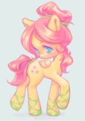 Size: 904x1280 | Tagged: safe, artist:slemseva, fluttershy, pegasus, pony, g4, ballet slippers, blue eyes, blushing, colored eyebrows, colored pupils, concave belly, female, folded wings, full body, gray background, hair bun, looking at you, mare, short tail, simple background, small wings, smiling, smiling at you, solo, standing on two hooves, tail, tail wrap, wings