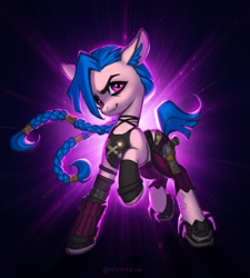 Size: 1748x1944 | Tagged: safe, artist:slemseva, earth pony, pony, braid, braided pigtails, clothes, female, gun, handgun, hoof shoes, jinx (league of legends), league of legends, mare, pigtails, pistol, ponified