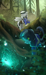 Size: 2480x4008 | Tagged: safe, artist:sinrinf, oc, oc:shadow strike, unicorn, zebra, commission, detailed background, forest, glowing, horn, nature, outdoors, tree, ych result