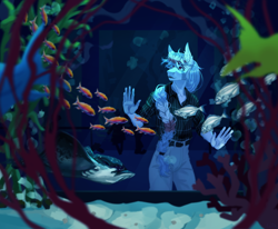 Size: 3150x2600 | Tagged: safe, artist:lontik, oc, oc only, earth pony, fish, stingray, anthro, aquarium, braid, bubble, clothes, coral, crepuscular rays, female, seaweed, solo, sunlight, swimming, underwater, water