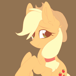 Size: 2048x2048 | Tagged: safe, artist:cupute, applejack, earth pony, pony, g4, my little pony: friendship is magic, apple, applejack's hat, big ears, brown background, colored background, colored lineart, cowboy hat, digital art, eyelashes, female, food, green eyes, hat, looking at you, no shading, orange coat, raised hoof, rearing, simple background, smiling, smiling at you, solo, tail, tied mane, yellow hair, yellow mane, yellow tail