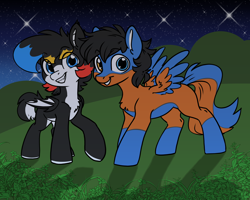 Size: 5000x4000 | Tagged: safe, artist:derpydoodesigns, artist:derpydooreviews, oc, oc only, bat pony, pegasus, pony, absurd resolution, bat pony oc, duo, grin, night, outdoors, pegasus oc, smiling, two toned coat, wings