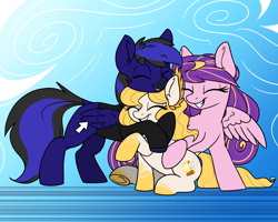 Size: 5000x4000 | Tagged: safe, artist:derpydoodesigns, artist:derpydooreviews, oc, oc only, earth pony, pegasus, pony, absurd resolution, clothes, eyes closed, grin, hug, sitting, smiling, trio, wings