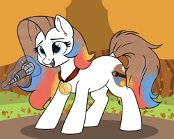 Size: 5000x4000 | Tagged: safe, artist:derpydoodesigns, artist:derpydooreviews, oc, oc only, oc:titanium white, earth pony, pony, absurd resolution, autumn, female, levitation, magic, mare, medal, microphone, outdoors, solo, talking, telekinesis