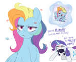 Size: 1734x1415 | Tagged: safe, artist:higglytownhero, rainbow dash, rainbow dash (g3), rarity, pegasus, pony, unicorn, g3, g4, alternate hairstyle, annoyed, cross-popping veins, crying, dialogue, duo, duo female, emanata, faic, female, half body, heart, horn, magic, meme, open mouth, photo, ponified meme, rainbow dash always dresses in style, rainbow dash is not amused, rarity being rarity, red face, simple background, unamused, white background