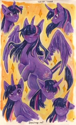 Size: 1485x2430 | Tagged: safe, artist:bailang, twilight sparkle, alicorn, pony, g4, curved horn, eyes closed, female, gouache, horn, mare, smiling, solo, spread wings, traditional art, twilight sparkle (alicorn), wings