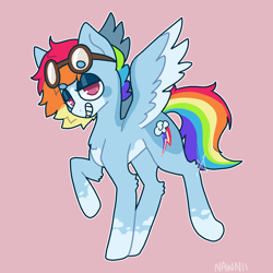 Size: 1500x1500 | Tagged: safe, artist:nawnii, rainbow dash, pony, g4, alternate design, goggles, pink background, simple background, solo