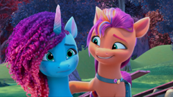 Size: 2160x1215 | Tagged: safe, screencap, misty brightdawn, sunny starscout, earth pony, pony, unicorn, family trees, g5, my little pony: make your mark, my little pony: make your mark chapter 5, spoiler:g5, bridlewood, duo, female, frown, horn, mane stripe sunny, mare, outdoors, rebirth misty, sad, seesaw, smiling