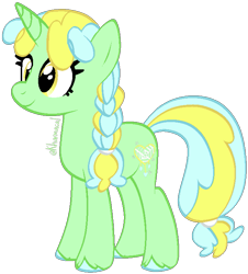 Size: 661x730 | Tagged: safe, artist:kharmacal, oc, oc only, oc:peace weaver, braid, cyan hooves, green coat, hair tie, show accurate, simple background, solo, transparent background, two toned hair, unshorn fetlocks, yellow eyes