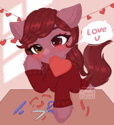 Size: 2733x3000 | Tagged: safe, artist:candybun, oc, oc only, oc:velvet moon, earth pony, blushing, clothes, commission, cute, female, heart, hearts and hooves day, holiday, mare, paper, pencil, scissors, signature, solo, sweater, valentine's day, ych result