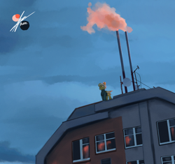 Size: 4258x4000 | Tagged: safe, artist:potato22, oc, oc only, oc:mareota, pegasus, pony, antenna, building, clothes, cloud, cloudy, film grain, outdoors, overcast, rooftop, signature, smoke, solo, sweater, window