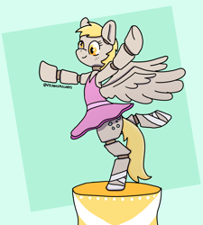 Size: 1800x2000 | Tagged: safe, artist:nerdynordic, derpy hooves, pegasus, pony, g4, arabesque, arms out, ball jointed doll, ballerina, ballet slippers, clothes, derparina, doll, dollified, female, freckles, inanimate tf, mannequin, mare, music box, passepartout, signature, simple background, smiling, solo, spread wings, standing, standing on one leg, teal background, transformation, tutu, wings