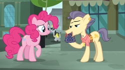 Size: 1366x768 | Tagged: safe, screencap, pinkie pie, smokestack (g4), street rat, earth pony, pony, g4, my little pony: friendship is magic, the gift of the maud pie, female, male, mare, outdoors, physique difference, rock pouch, stallion, trio