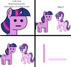 Size: 1069x1015 | Tagged: safe, artist:colochenni, editor:modus_ponens, starlight glimmer, twilight sparkle, pony, g4, crossing the memes, cult, equal cutie mark, equalized mane, female, implied violence, loss (meme), loss edit, meme, npc, npc meme, ponified, s5 starlight, simple background, stylistic suck, white background