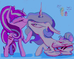 Size: 1350x1080 | Tagged: safe, artist:deviledlobster, princess celestia, starlight glimmer, alicorn, pony, unicorn, g4, duo, duo female, equal cutie mark, female, horn, lesbian, rarepair, shipping, starlestia