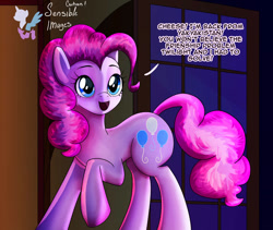 Size: 828x699 | Tagged: safe, artist:nightlyblossom, pinkie pie, earth pony, pony, comic:pandemonia equina, g4, dialogue, female, implied cheese sandwich, indoors, mare, misspelling, raised hoof, solo