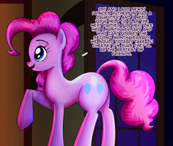 Size: 828x699 | Tagged: safe, artist:nightlyblossom, pinkie pie, earth pony, pony, comic:pandemonia equina, g4, dialogue, female, indoors, mare, misspelling, raised hoof, solo