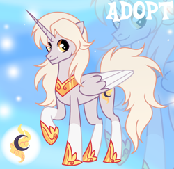 Size: 1280x1243 | Tagged: safe, artist:vi45, oc, oc only, alicorn, pony, adoptable, alicorn oc, base used, blonde mane, blonde tail, brown wingtips, coat markings, colored wings, colored wingtips, concave belly, cream wingtips, folded wings, golden eyes, gradient background, hoof shoes, horn, long horn, long mane, long mane male, long tail, looking back, male, male alicorn, male alicorn oc, male oc, orange eyes, peytral, princess shoes, raised hoof, slender, smiling, socks (coat markings), solo, stallion, stallion oc, standing, standing on three hooves, tail, tan coat, thin, three quarter view, two toned wings, unicorn horn, wings, zoom layer