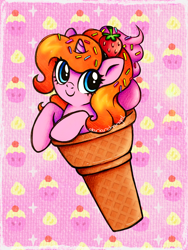 Size: 2250x3000 | Tagged: safe, artist:dariarchangel, oc, oc only, oc:dazha, pony, unicorn, g4, adorable face, blue eyes, c:, cute, cute face, cute smile, daaaaaaaaaaaw, female, female oc, food, hairband, hooves, horn, ice cream, ice cream cone, mare, mare oc, ocbetes, orange hair, orange mane, passepartout, patterned background, pink coat, pony oc, small horn, smiling, smol, solo, sprinkles, strawberry, too cute, traditional art, unicorn oc, weapons-grade cute