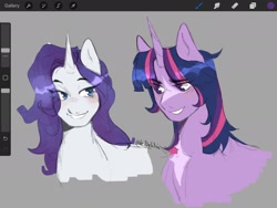 Size: 2048x1536 | Tagged: safe, artist:killektric, rarity, twilight sparkle, alicorn, pony, unicorn, g4, art program in frame, bedroom eyes, blushing, duo, duo female, female, gray background, grin, horn, lesbian, lip bite, looking at each other, looking at someone, markings, redesign, ship:rarilight, shipping, simple background, smiling, twilight sparkle (alicorn), wide eyes