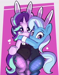 Size: 3198x4096 | Tagged: safe, artist:pabbley, starlight glimmer, trixie, pony, unicorn, g4, bipedal, blush lines, blushing, bunny suit, chubby, clothes, cute, diatrixes, duo, duo female, female, fishnet clothing, fishnet stockings, floating heart, glimmerbetes, heart, high res, horn, hug, lesbian, looking at you, mare, plump, ship:startrix, shipping, signature, stockings, thigh highs, thighs, thunder thighs