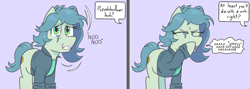 Size: 1679x596 | Tagged: safe, artist:otl crafts, oc, oc only, oc:anon, oc:jonklermare, oc:mandatory euphoria, earth pony, pony, clothes, comic, dialogue, jacket, looking at you, offscreen character, onomatopoeia, pun, smiling, speech bubble, teary eyes