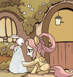 Size: 464x489 | Tagged: safe, idw, angel bunny, fluttershy, pegasus, rabbit, g4, g5, animal, big hair, cropped, duo, duo male and female, female, flower, flower in hair, fluttershy's cottage, light, male, message, older, older fluttershy, open mouth, sitting, sorrow, window