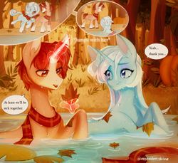 Size: 3386x3100 | Tagged: safe, artist:noemint, oc, oc only, oc:fresh mintshine, pony, unicorn, autumn, clothes, duo, female, horn, magic, male, mare, scarf, stallion, telekinesis, tripping, water, wet