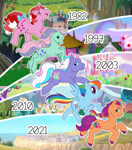 Size: 1205x1367 | Tagged: safe, artist:squishy-lombax, galaxy (g1), ivy, rainbow dash, razzaroo, sunny starscout, earth pony, pegasus, pony, unicorn, g1, g2, g3, g4, g5, 1982, 1997, 2003, 2010, 2021, colored, concave belly, dream castle, female, horn, long mane, long tail, looking at you, looking back, looking back at you, mane stripe sunny, mare, maretime bay, outdoors, physique difference, ponyville, rainbow, side view, spread wings, tail, unshorn fetlocks, watermark, wings