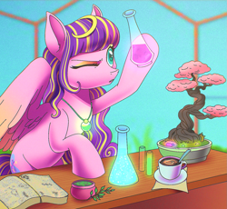 Size: 1405x1292 | Tagged: safe, artist:byefella, oc, oc only, pegasus, pony, beaker, bonsai, book, commission, erlenmeyer flask, female, flask, hoof hold, jewelry, magnetic hooves, mare, necklace, one eye closed, solo, test tube