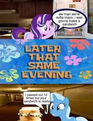 Size: 886x1156 | Tagged: safe, edit, starlight glimmer, trixie, pony, unicorn, g4, my little pony: friendship is magic, 12, comic, dialogue, female, food, horn, mare, mayonnaise, meme, real life background, refrigerator, sandwich, sauce, ship:startrix, shipping, smiling, smiling at someone, spongebob squarepants, spongebob time card