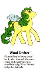 Size: 550x1000 | Tagged: safe, wind drifter, flutter pony, pegasus, pony, g1, my little pony fact file, official, bow, cute, drifterbetes, female, g1 backstory, mare, open mouth, open smile, smiling, solo, tail, tail bow, text