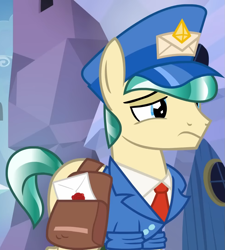 Size: 973x1080 | Tagged: safe, screencap, proper postal, crystal pony, pony, g4, my little pony: friendship is magic, the parent map, bag, clothes, cropped, hat, letter, mailpony, mailpony uniform, male, saddle bag, solo, stallion, unsure